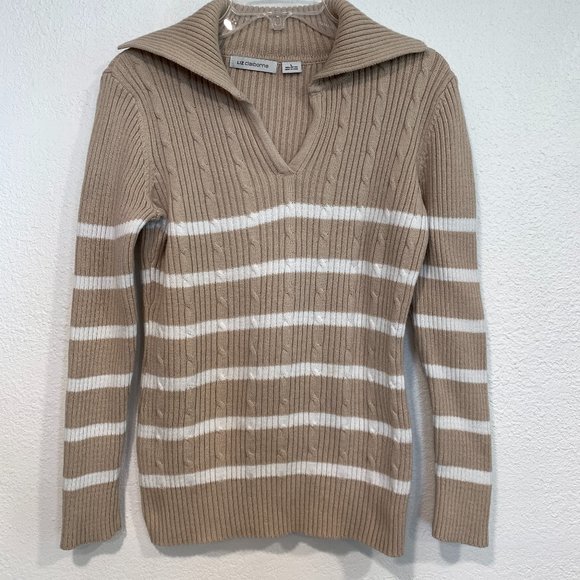 Liz Claiborne Sweaters - Liz Claiborne Pullover Cotton Sweater Brown White Striped V-Neck Long Slvs Large